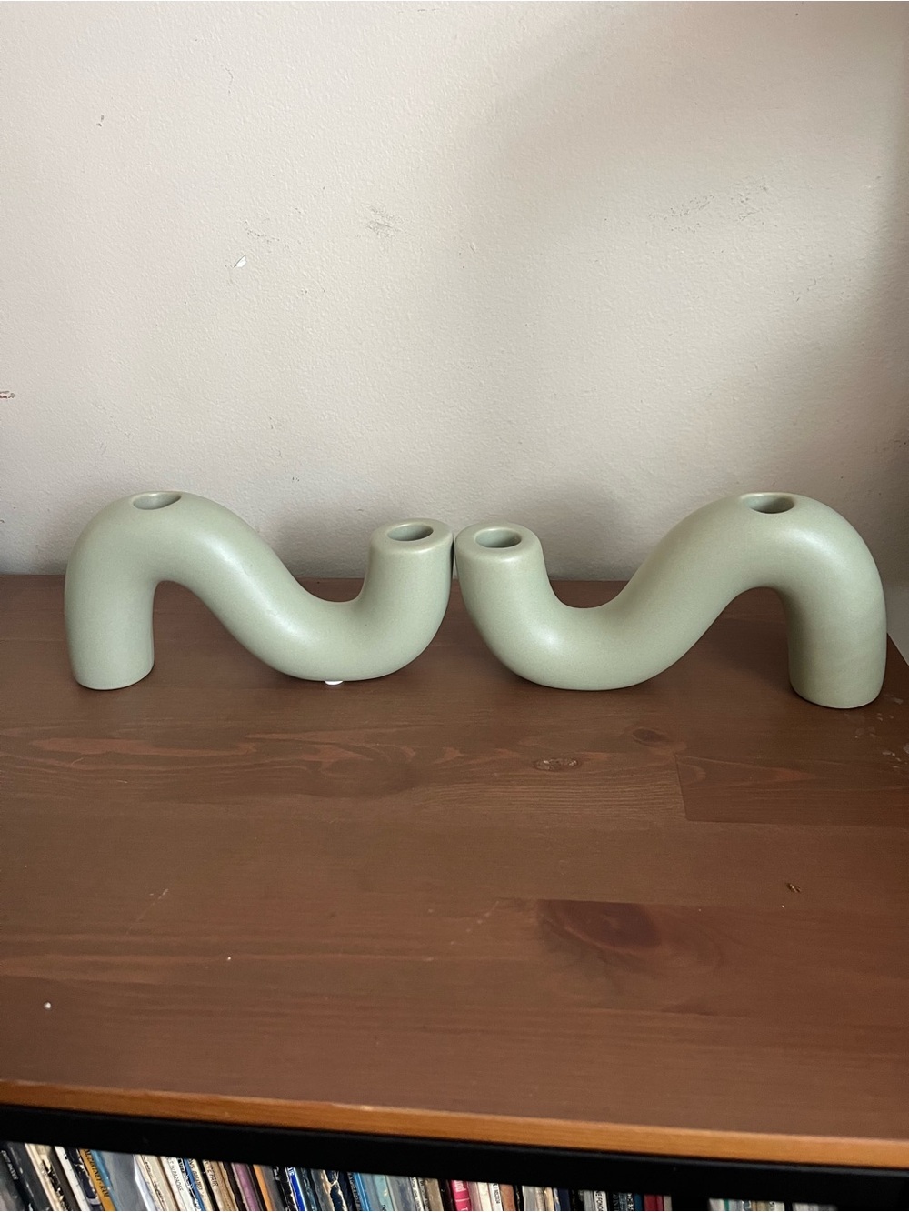 Set of Two Curved wavy Ceramic Candle Holders — Sage Green